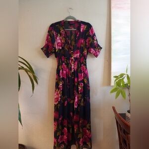 Floral Midi Dress in Pink and Black